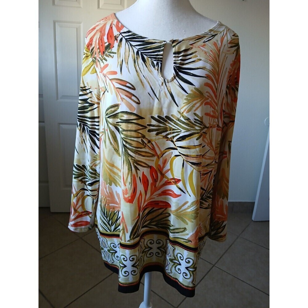 Kasper Brown‎ & Orange Leaves Blouse  Bell Sleeve Stretchy Womens Size XL